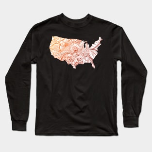 Colorful mandala art map of the United States of America in brown and orange on white background Long Sleeve T-Shirt